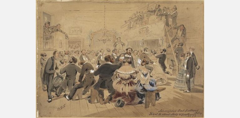 The_first_subscription_ball_Ballarat_1854_watercolour_by_Samuel_Thomas_Gill_wiki